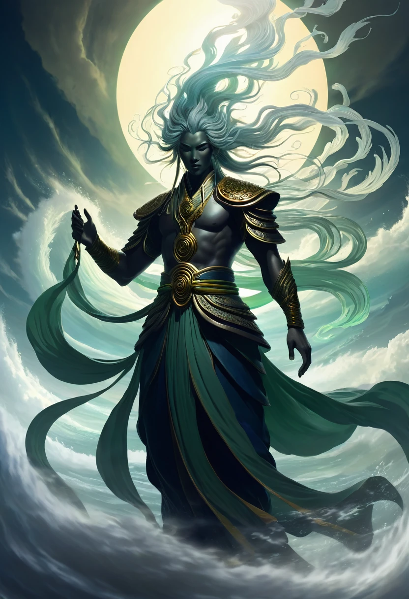 Create an image of the Wind God with a style consistent with the previously generated characters, but with a specific feature: the deity has an elongated, flat fish-like face. This Wind God is a powerful being made of swirling gusts and atmospheric energy, with a less human-like visage that evokes the ephemeral and elusive nature of wind. The figure should have a commanding presence, with a silhouette that blends into the swirling winds, and the facial features should be both otherworldly and majestic, reflecting the Wind God's dominion over the skies.