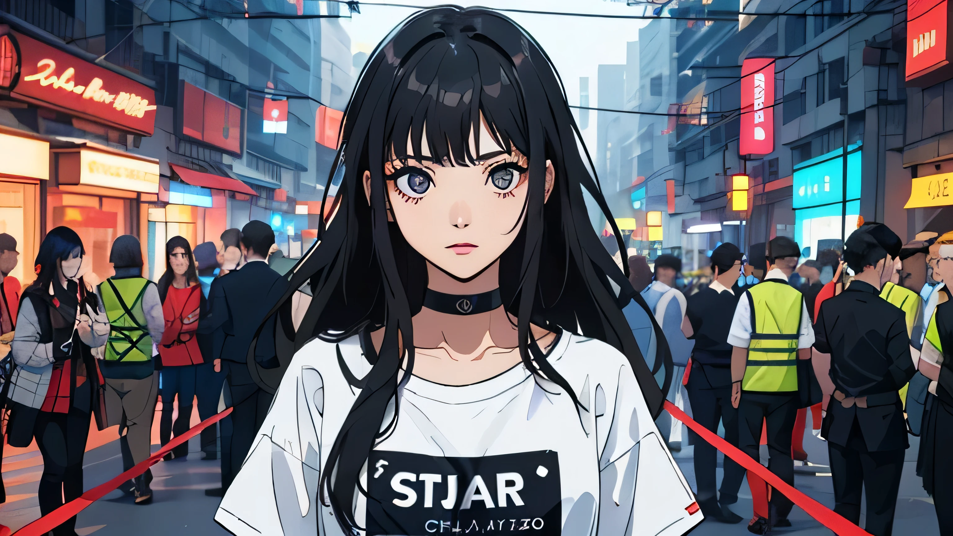 (Better Quality, First Job:1.2) | Detailed Eyes:1.2 1 Female ,Solindo (Dynamic English, throw, face, Long Hair,gun shop) choker, shirt, オープンスウェットshirt, finely, First Job, Cyberpunk style clothing