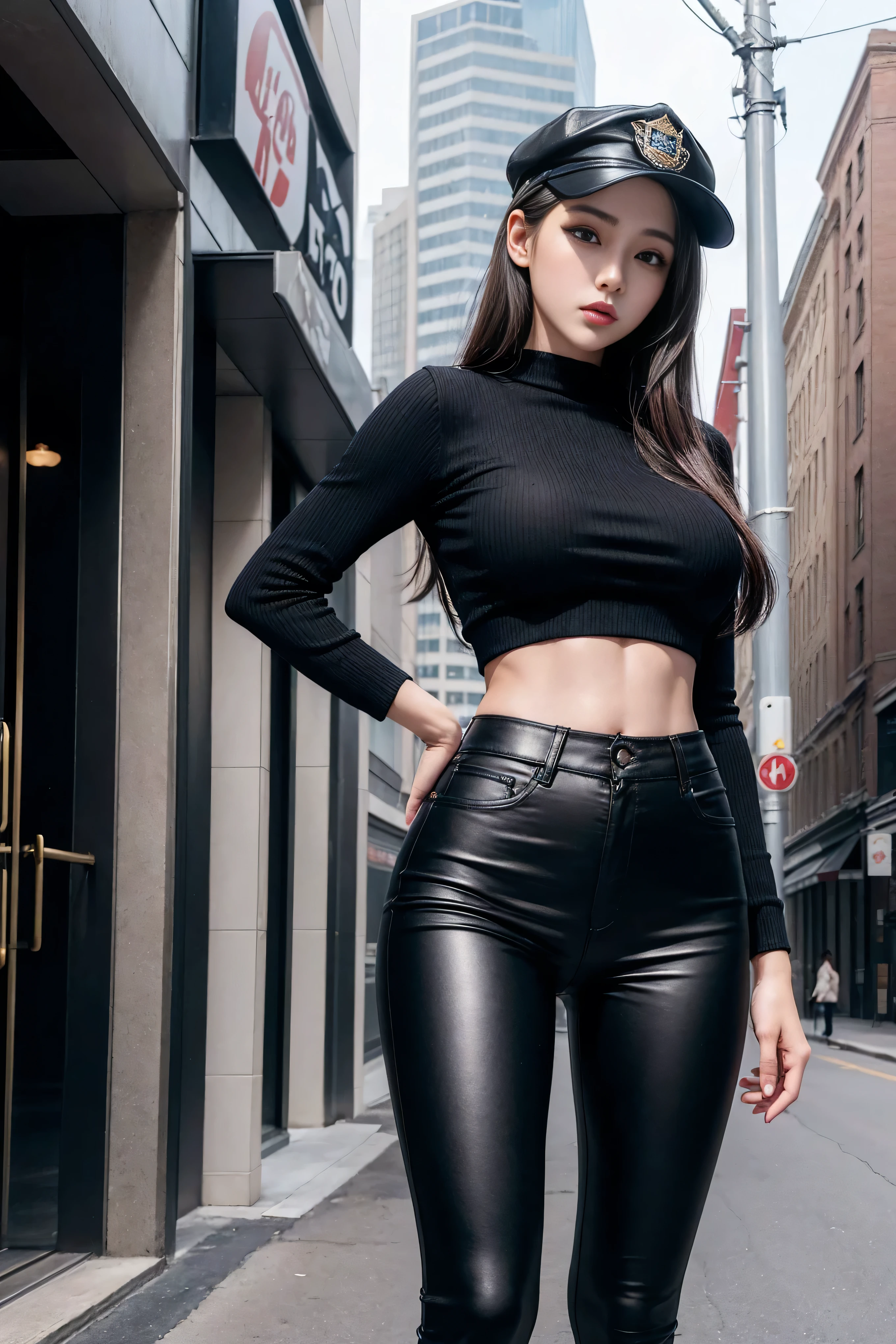 Physically Based Rendering, (1个female孩:1), female, (beautiful:1.2), street, Sexy muscular body, Slim waist, (Big Shot:1.Keep, Tight black pants, Dressed in America，Wearing a police hat，
