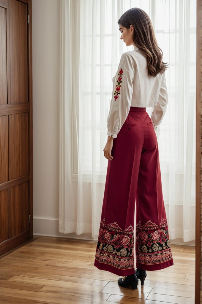 Wide-leg pants embroidered on the back