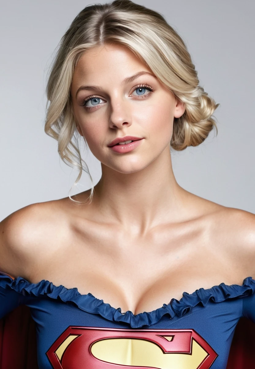 (((Hair up, bun, forehead, white blonde hair, Melissa Benoist, supergirl DC white people, beautiful girl, blonde, white background, sexy, big breasts, ruffles, supergirl costume with off-the-shoulder straps))), highest quality, figure, super detailed, finely, high resolution, wallpaper 8k screen, perfect dynamic composition, detailed and beautiful eyes, decorative decoration, medium hair, big breasts, natural color lips, white background, cute heroine