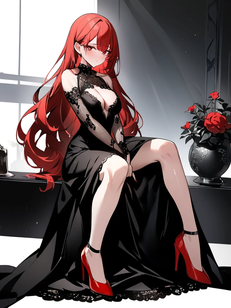 Hide cleavage、Lots of lace、Black Dress、red heels、Long Red Hair、Sitting、Beautiful woman、Highest quality