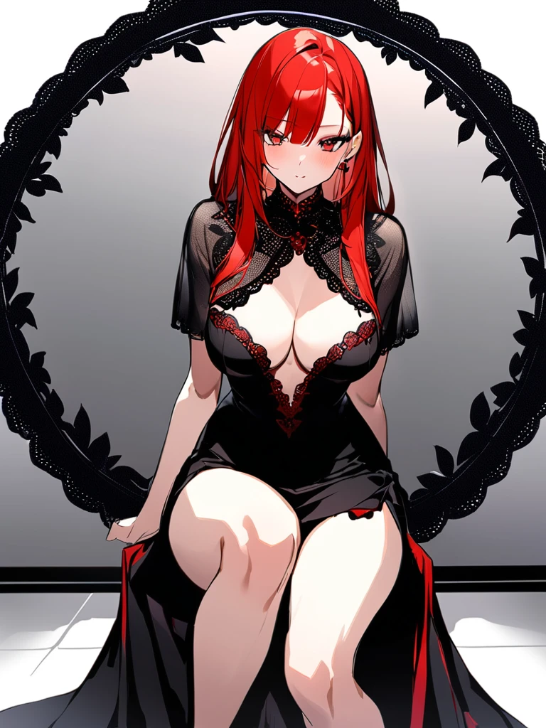 Hide cleavage、Lots of lace、Black Dress、red heels、Long Red Hair、Sitting、Beautiful woman、Highest quality