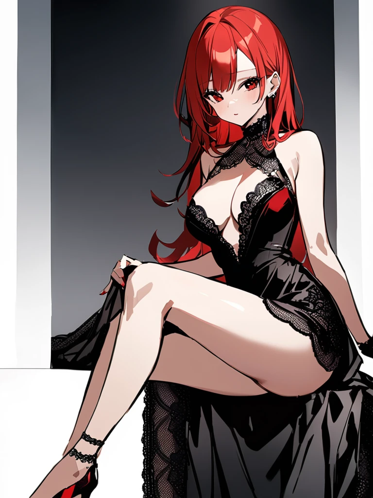 Hide cleavage、Lots of lace、Black Dress、red heels、Long Red Hair、Sitting、Beautiful woman、Highest quality