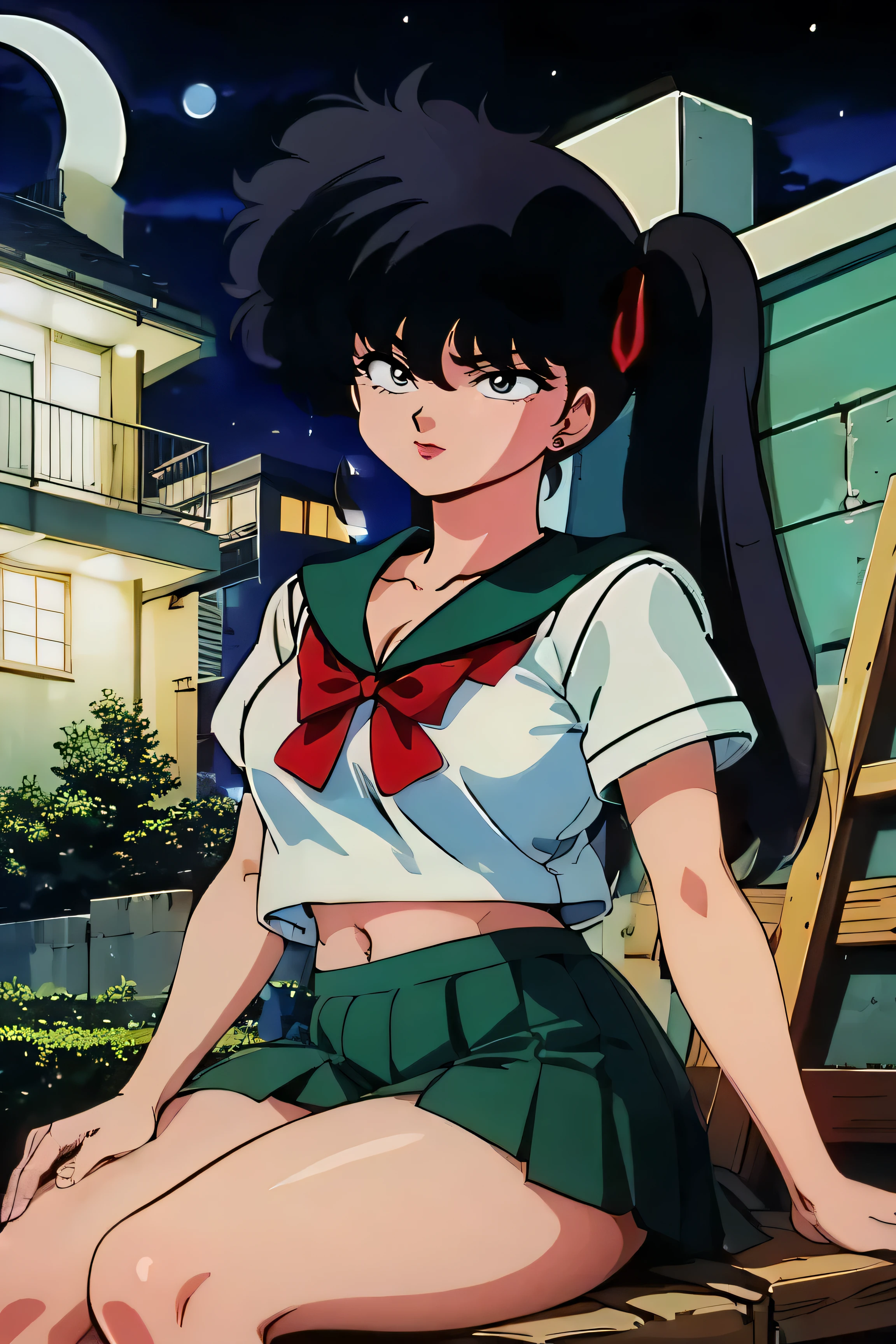 Highest quality, High resolution, 1990s \(style\), retro artstyle, 1990s anime cels style, night, kodachi kuno, Sailor suit, Large Breasts, Cleavage,Green sailor collar, Green pleated skirt, Red ribbon, Side Tail, (Dressed:1.3), jewelry, Earrings,Thick thighs,Big Ass,Short shirt、Sitting with legs apart、I can see your belly、Don&#39;t cover your crotch、White panties