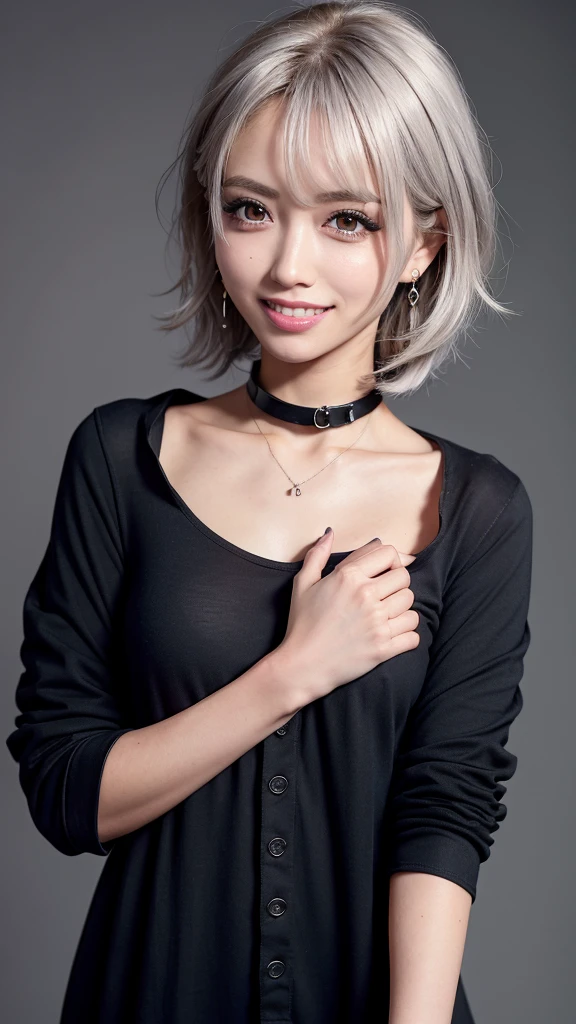 masterpiece, 8K, Award-winning photo, photoRealistic, Realistic, Super detailed, Ultra-high resolution, Ray Trakun,
__
Shiny skin , Detailed skin , Detailed face , Fine grain , The most beautiful, 22 years old ,(sexy,Japanese Idols, Gray Hair, short hair), (Dark Skin:0.8),
__
(Droopy eyes:1.3) ,(Natural Makeup),(smile:1.3),glowing teeth,
__,
__
break (Black Theme:1.4), (An oversized black shirt dress with a tucked-in button-up collar。Black shirt dress with hem。:1.5), (Long sleeve:1.2), ((clavicle, wrist):1.3),
break (White Theme:1.2), (White tight long pants:1.2), (ankle:1.3), (High heels:1.2), ((necklace, Earrings):1.2),
__
At the mall, Highly detailed background, , ultra-Realistic textures, Dramatic lighting ,RAW Photos, One girl,