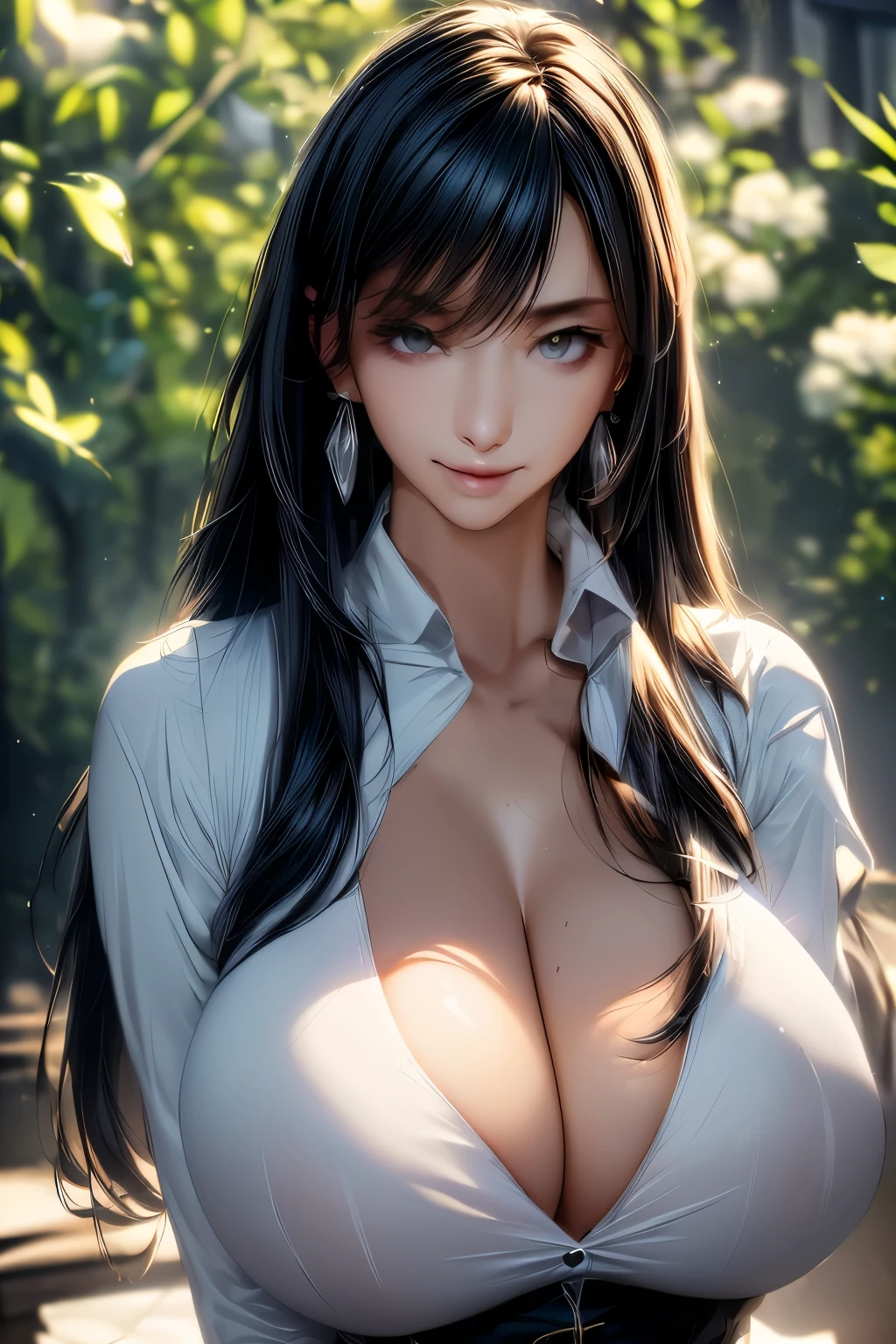 (masterpiece,best quality,ultra_detailed,highres,absurdres) solo, female focus, mysterious, Extremely gorgeous, 1 mature female, 25-ish, long black sleek hair, flat bangs, green highlight, floating hair, sidelocks, beautiful detailed Glass hair, delicate beautiful face, smirk smile, Iridescence and colorful eyes (detailed eyes), closed_mouth, Delicate arms and hands, (((big_breasts))), (Silver eyes), white skin, delicate metal decorations, earrings, Beautifully gorgeous necklace, flowing lace, surreal, intricate light, Flying green petals, lens flare, absurdres, highres, very fine 8KCG wallpapers, simple background, ((close-up shot)), (((modern clothes))) (vest, looking at viewer, collared shirt, long sleeves, white shirt, black vest, earings).
