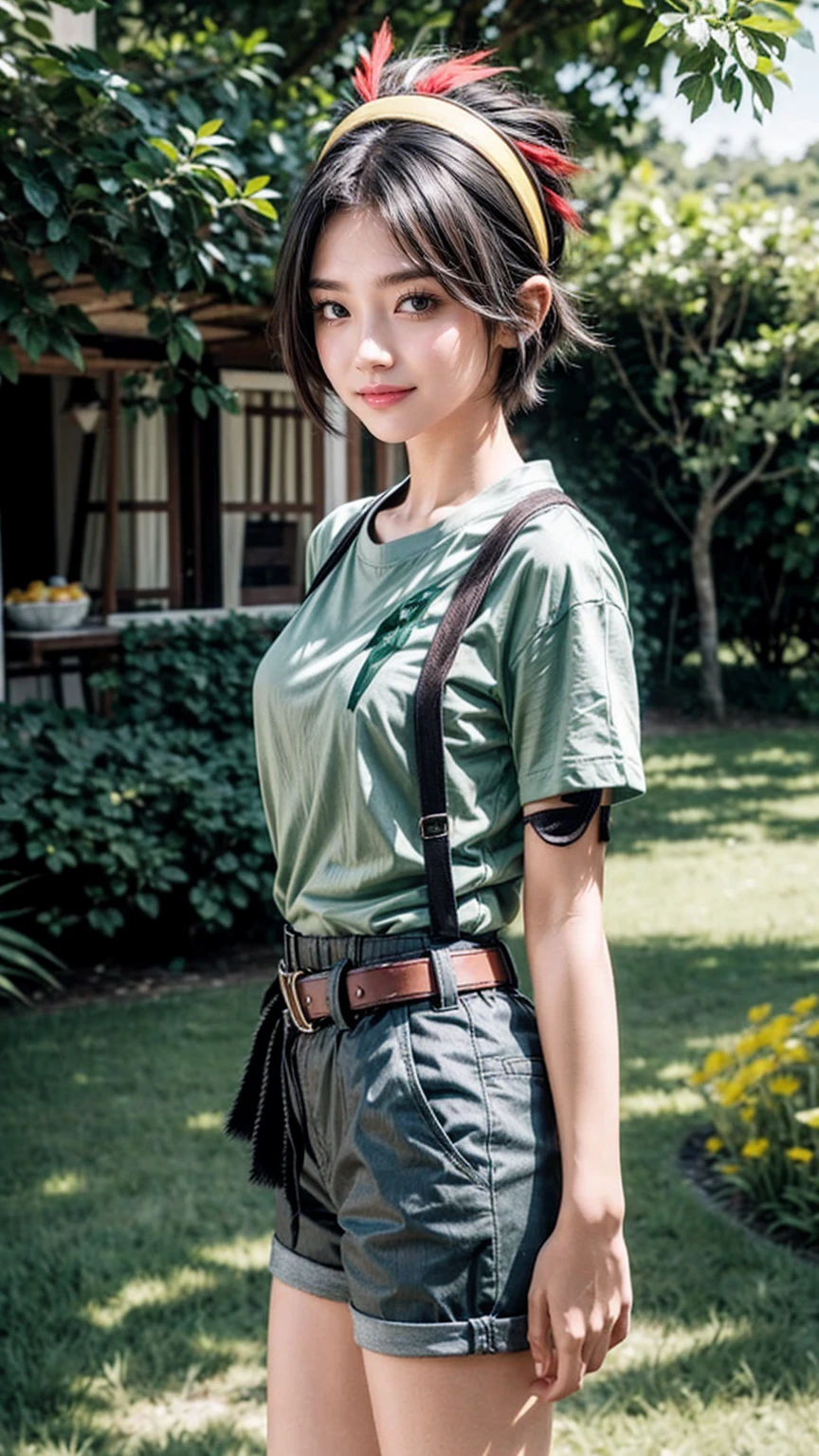 masterpiece, best quality, high resolution, serene 1, 1 girl, serene 1, 1 girl, serene (Pokémon), Solitary, Gray eyes, Black Hair, green shorts, Red headdress, shirt, tied shirt,, short hair, Short sleeve, shorts, stripe, yellow shirt, belt, Middle Class Shooting, Grass, site, Smile, permanent,