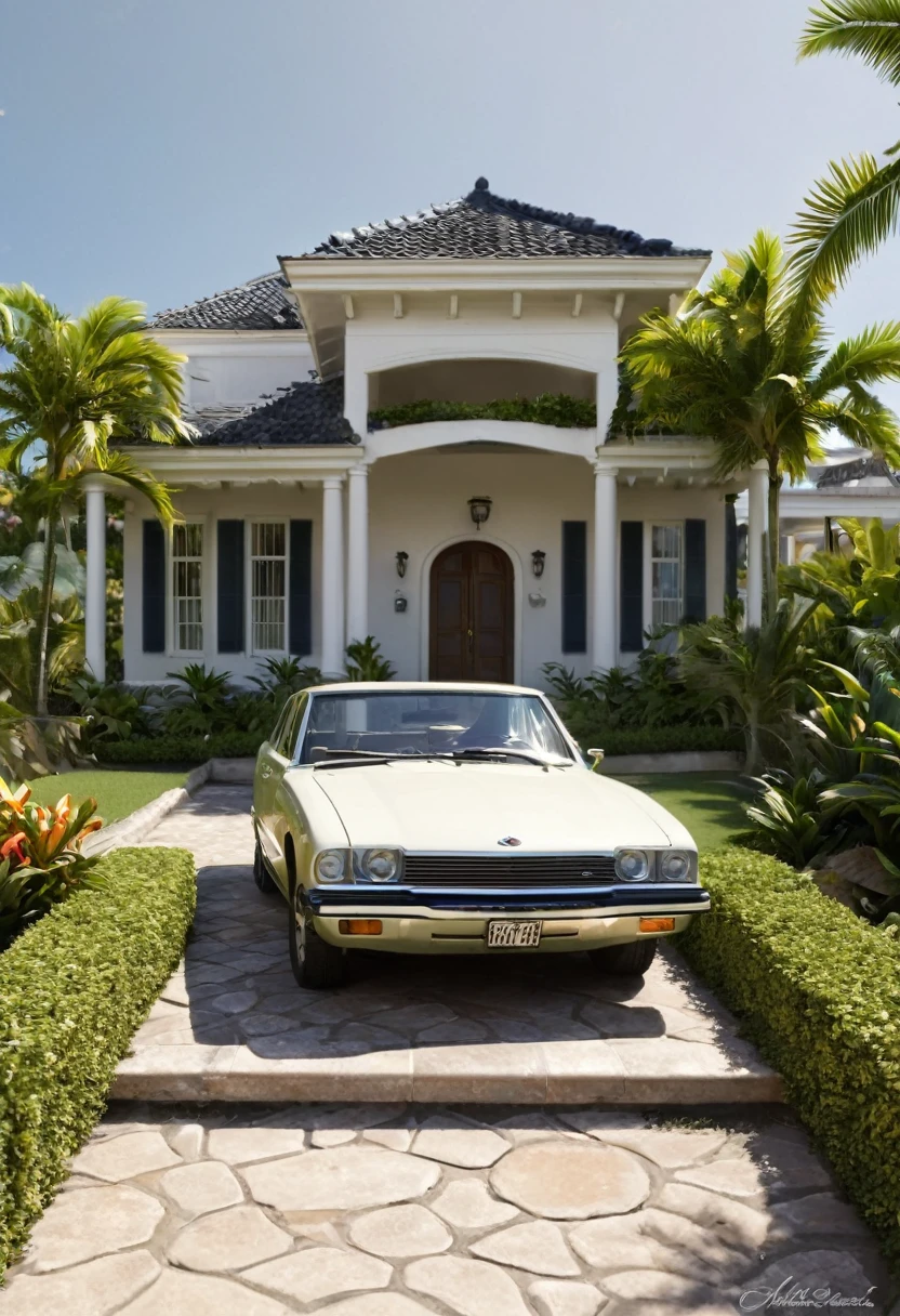 generates a silver car in the center of the image, overflowing with lighting around it, but dusty with the keys on the ground, in the background of the image there is a white and gold mansion just behind the car, with a fun landscape, cheerful colors In the landscape, fantastic realism, lustrous, ablaze colors, beaming colors, bright bold colors, acidwave, satin, ambient lighting, 3d modeling, ninja, tropical landscape design, high angle, full shot, leading lines photography, landscape photography, autodesk maya --chaos 25