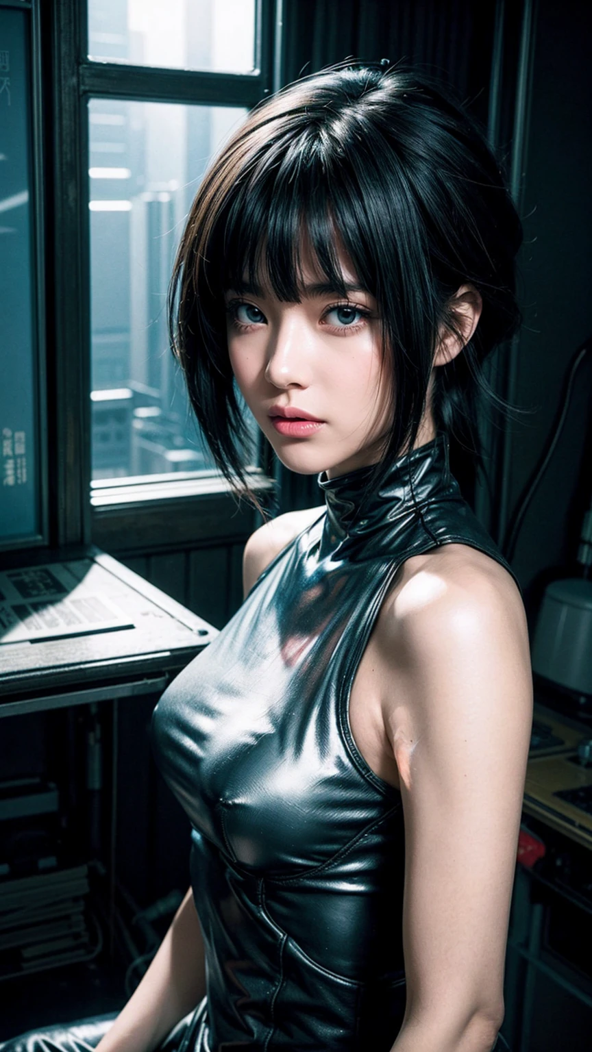 Ghost in the Shell adopts retro 90s anime style, , Science Fiction, Futuristic, Surrealism, Akira Style, Early litigation, Detailed line art, Fine details, greg rutkowski makoto shinkai kyoto animation key art female eye level shot