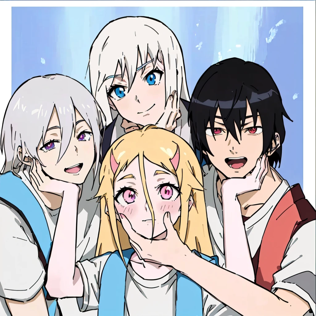 anime characters posing for a photo with their faces close to each other, cel shaded anime, not anime style, :14 80s anime style, 2d anime style, cel shaded!!!, in anime style, glad!!!, not anime style japonês, ecchi anime style, official fanart, gapmoe yandere, cel-shaded:15