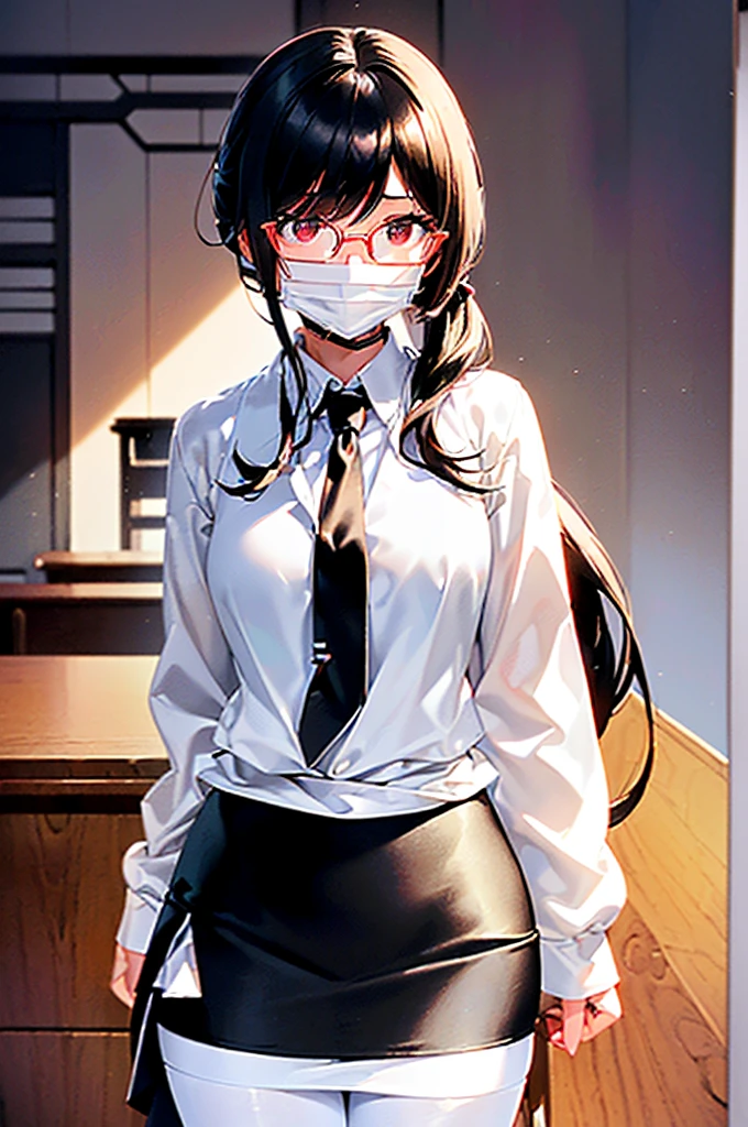 (masterpiece; best quality: 1.2), (finely detailed eyes: 1.3), ((25 year old woman)), ((solo)), (red eyes: 1.4), (body; gorgeous, soft, femenine: 1.3), (silky black hair + low ponytail: 1.3), (beautiful and clear background: 1.2), ((depth of field)), (equipment: white open labcoat + black shirt + white necktie + black long pencil skirt + black pantyhose + black square glasses: 1.3), (anime illustration: 1.2), (background composition; japanese highschool classroom + furniture: 1.1), (extremely fine and beautiful: 1.1), (shot composition; standing + centered on torso + close-up: 1.5), (expression; calm, stoic: 1.2)