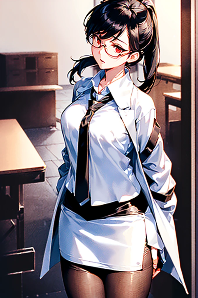 (masterpiece; best quality: 1.2), (finely detailed eyes: 1.3), ((25 year old woman)), ((solo)), (red eyes: 1.4), (body; gorgeous, soft, femenine: 1.3), (silky black hair + low ponytail: 1.3), (beautiful and clear background: 1.2), ((depth of field)), (equipment: white open labcoat + black shirt + white necktie + black long pencil skirt + black pantyhose + black square glasses: 1.3), (anime illustration: 1.2), (background composition; japanese highschool classroom + furniture: 1.1), (extremely fine and beautiful: 1.1), (shot composition; standing + centered on torso + close-up: 1.5), (expression; calm, stoic: 1.2)