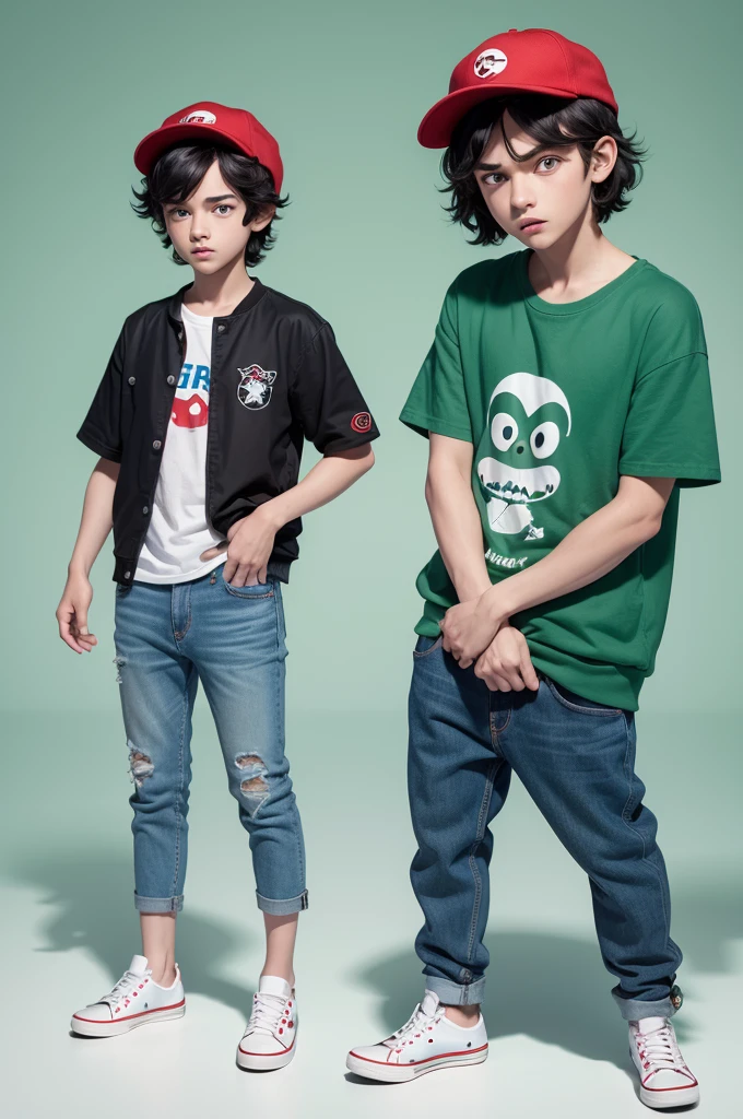 

Boy character from the film amusingly, disney pixar style,3d,with short wavy black hair, blue all star sneakers, green eyes, Red cap, jeans, face with angry expression, Light green skin, white background 8k quality