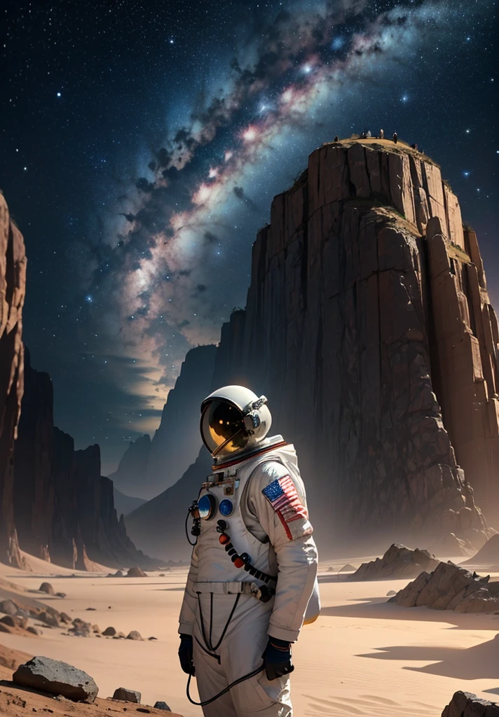 An astronaut stands in awe, gazing up at a colossal mountain that looms majestically in front of them on the Martian surface. The scene is bathed in the soft, ethereal glow of a starry night sky, with countless stars casting their light over the barren, rocky landscape. The mountain, with its rugged and imposing features, rises high into the sky, its peak disappearing into the darkness.
The astronaut's suit, faintly illuminated by the lights from their helmet, adds a touch of human presence to the vast, alien terrain. Scattered rocks and stones lie at their feet, while the gentle slopes and sheer cliffs of the mountain create a dramatic backdrop. The atmosphere is peaceful and contemplative, capturing the profound beauty and solitude of the Martian night as the astronaut stands still, taking in the grandeur of the towering mountain before them.