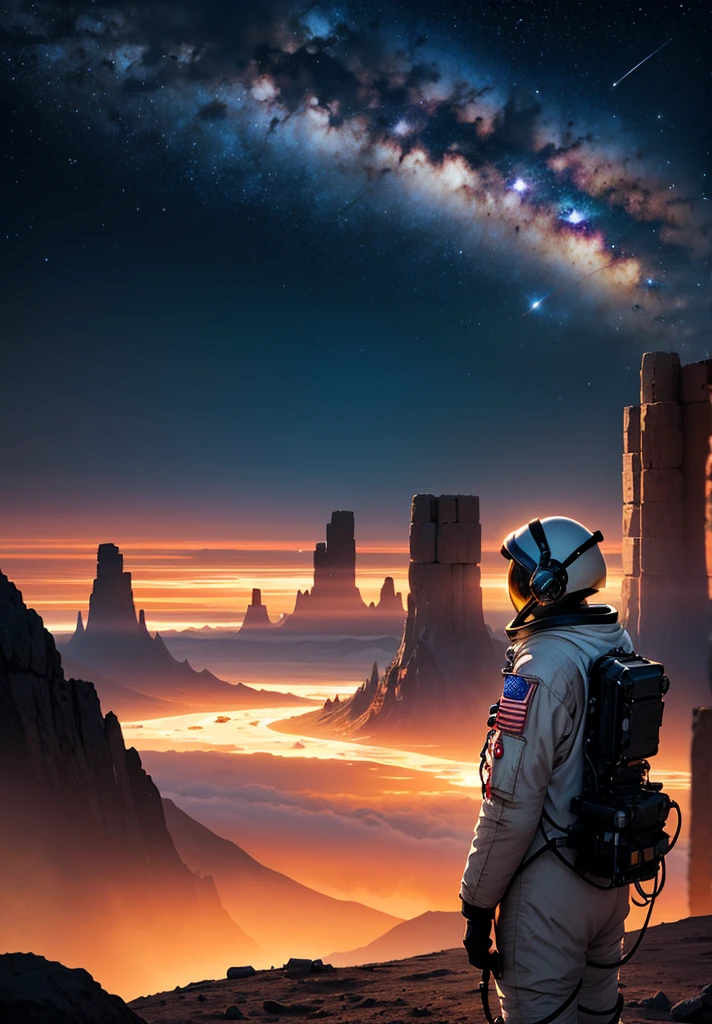 An astronaut stands in awe, gazing up at a colossal mountain that looms majestically in front of them on the Martian surface. The scene is bathed in the soft, ethereal glow of a starry night sky, with countless stars casting their light over the barren, rocky landscape. The mountain, with its rugged and imposing features, rises high into the sky, its peak disappearing into the darkness.
The astronaut's suit, faintly illuminated by the lights from their helmet, adds a touch of human presence to the vast, alien terrain. Scattered rocks and stones lie at their feet, while the gentle slopes and sheer cliffs of the mountain create a dramatic backdrop. The atmosphere is peaceful and contemplative, capturing the profound beauty and solitude of the Martian night as the astronaut stands still, taking in the grandeur of the towering mountain before them.