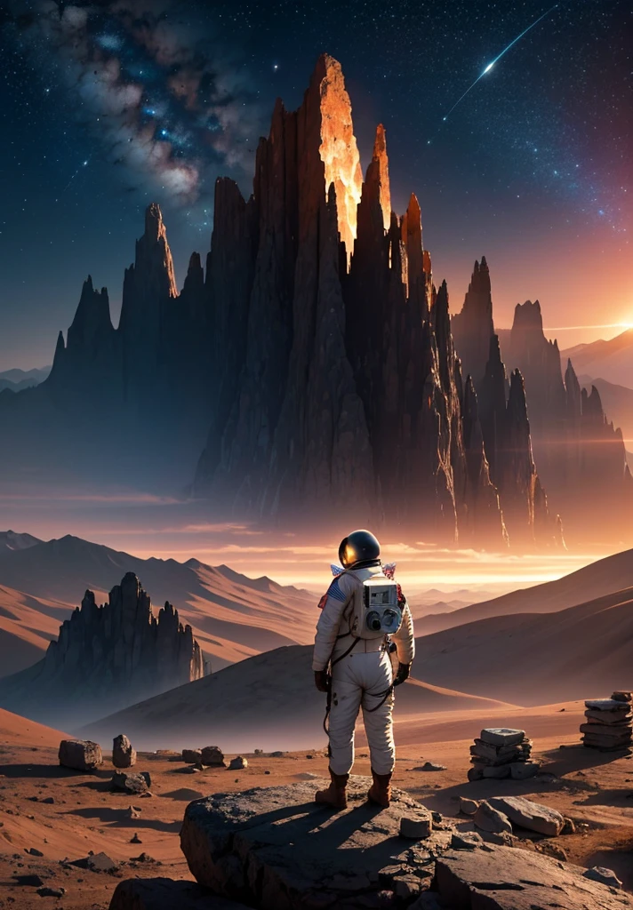 An astronaut stands in awe, gazing up at a colossal mountain that looms majestically in front of them on the Martian surface. The scene is bathed in the soft, ethereal glow of a starry night sky, with countless stars casting their light over the barren, rocky landscape. The mountain, with its rugged and imposing features, rises high into the sky, its peak disappearing into the darkness.

The astronaut's suit, faintly illuminated by the lights from their helmet, adds a touch of human presence to the vast, alien terrain. Scattered rocks and stones lie at their feet, while the gentle slopes and sheer cliffs of the mountain create a dramatic backdrop. The atmosphere is peaceful and contemplative, capturing the profound beauty and solitude of the Martian night as the astronaut stands still, taking in the grandeur of the towering mountain before them.