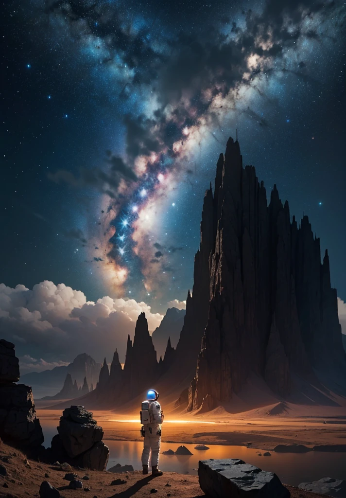 An astronaut stands in awe, gazing up at a colossal mountain that looms majestically in front of them on the Martian surface. The scene is bathed in the soft, ethereal glow of a starry night sky, with countless stars casting their light over the barren, rocky landscape. The mountain, with its rugged and imposing features, rises high into the sky, its peak disappearing into the darkness.

The astronaut's suit, faintly illuminated by the lights from their helmet, adds a touch of human presence to the vast, alien terrain. Scattered rocks and stones lie at their feet, while the gentle slopes and sheer cliffs of the mountain create a dramatic backdrop. The atmosphere is peaceful and contemplative, capturing the profound beauty and solitude of the Martian night as the astronaut stands still, taking in the grandeur of the towering mountain before them.