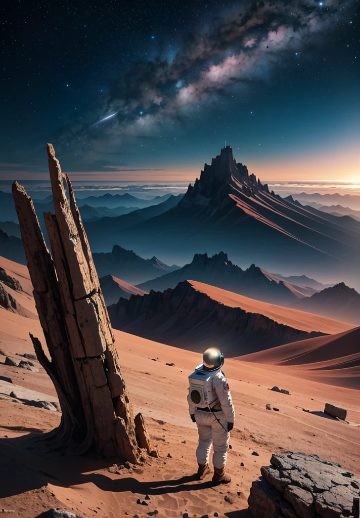 An astronaut stands in awe, gazing up at a colossal mountain that looms majestically in front of them on the Martian surface. The scene is bathed in the soft, ethereal glow of a starry night sky, with countless stars casting their light over the barren, rocky landscape. The mountain, with its rugged and imposing features, rises high into the sky, its peak disappearing into the darkness.
The astronaut's suit, faintly illuminated by the lights from their helmet, adds a touch of human presence to the vast, alien terrain. Scattered rocks and stones lie at their feet, while the gentle slopes and sheer cliffs of the mountain create a dramatic backdrop. The atmosphere is peaceful and contemplative, capturing the profound beauty and solitude of the Martian night as the astronaut stands still, taking in the grandeur of the towering mountain before them.