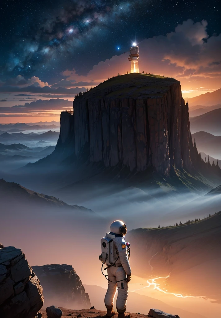 An astronaut stands in awe, gazing up at a colossal mountain that looms majestically in front of them on the Martian surface. The scene is bathed in the soft, ethereal glow of a starry night sky, with countless stars casting their light over the barren, rocky landscape. The mountain, with its rugged and imposing features, rises high into the sky, its peak disappearing into the darkness.

The astronaut's suit, faintly illuminated by the lights from their helmet, adds a touch of human presence to the vast, alien terrain. Scattered rocks and stones lie at their feet, while the gentle slopes and sheer cliffs of the mountain create a dramatic backdrop. The atmosphere is peaceful and contemplative, capturing the profound beauty and solitude of the Martian night as the astronaut stands still, taking in the grandeur of the towering mountain before them.