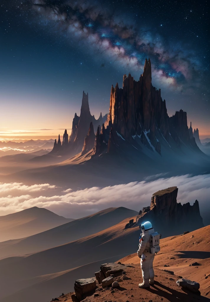 An astronaut stands in awe, gazing up at a colossal mountain that looms majestically in front of them on the Martian surface. The scene is bathed in the soft, ethereal glow of a starry night sky, with countless stars casting their light over the barren, rocky landscape. The mountain, with its rugged and imposing features, rises high into the sky, its peak disappearing into the darkness.
The astronaut's suit, faintly illuminated by the lights from their helmet, adds a touch of human presence to the vast, alien terrain. Scattered rocks and stones lie at their feet, while the gentle slopes and sheer cliffs of the mountain create a dramatic backdrop. The atmosphere is peaceful and contemplative, capturing the profound beauty and solitude of the Martian night as the astronaut stands still, taking in the grandeur of the towering mountain before them.