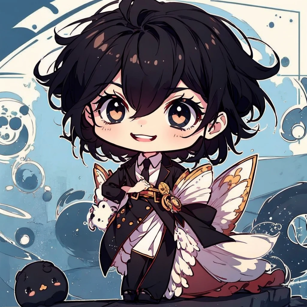 masterpiece , best quality , man , reading , chibi anime man , smile , black hair , suit , solo