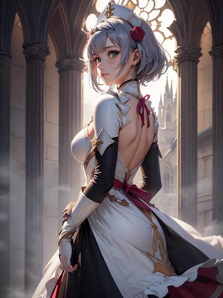 [Noelledef]:1.5,((Masterpiece,of the highest quality,Detailed images,Beautiful images))1.4(noel images、by bob、church、Cathedral、The wind blows、Overall bright lighting、backlight、A fantastic atmosphere、thick fog)1.1(Beautiful body lines、beautiful neckline)

