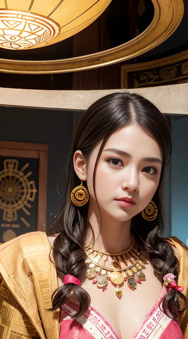 Female Shaman, fortune teller、Cute clothes in pink、3D Mandala, Tattooed porcelain face, tissue, cell, cell小器官と高分子複合体, Ladybug Hovercraft merged with Cubic Motherboard, Spherical ship set intertwined, Inscribed on tribal pottery, 3D holographic geometric pattern, Gustav Klimt-inspired palette of white, yellow, red, Money, 液体Money属の本質, Large expressive eyes, Shiny reflective surfaces, Luminous glass ball, Computer code engraved, translucent, mirrored cave floor,