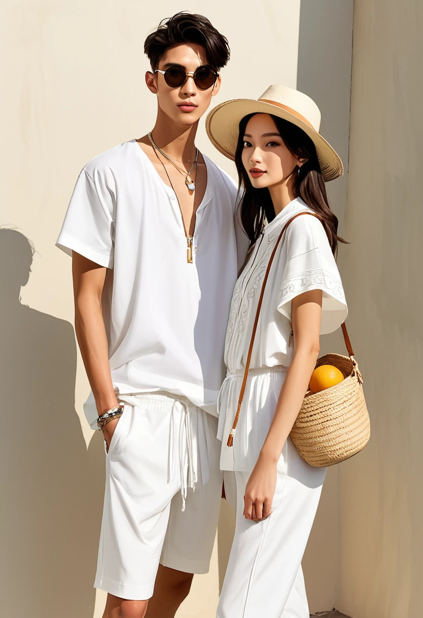 candid fashion illustration of young Asian man and woman, both aged 20 year old, ((showcase fashion look book in a White rayon outfits)), inspired by BACKSTAGE resort collection 2023 in elegant young chic bohemian style. The man wears an oversized short-sleeved bowling white shirt with a minimal embroidery details, paired with relaxed-fit white Sports pants with Drawstring, He completes his look with white sneakers, round glasses. The woman complements him in a white Ankle-length dress in cotton woven fabric, open neckline, Smocked sections details to creating gathers effect, Her ensemble includes an accessorizes with a brimmed straw bag, pom-pom necklace and white sneakers and necklace. Captured in a low angle, ((full-body image)), ((light water color background)), sketching, realistic drawing, ((imperfect water color drawing)), fashion look book, fashion illustrator, sketch design, Jacquemus, Paris,