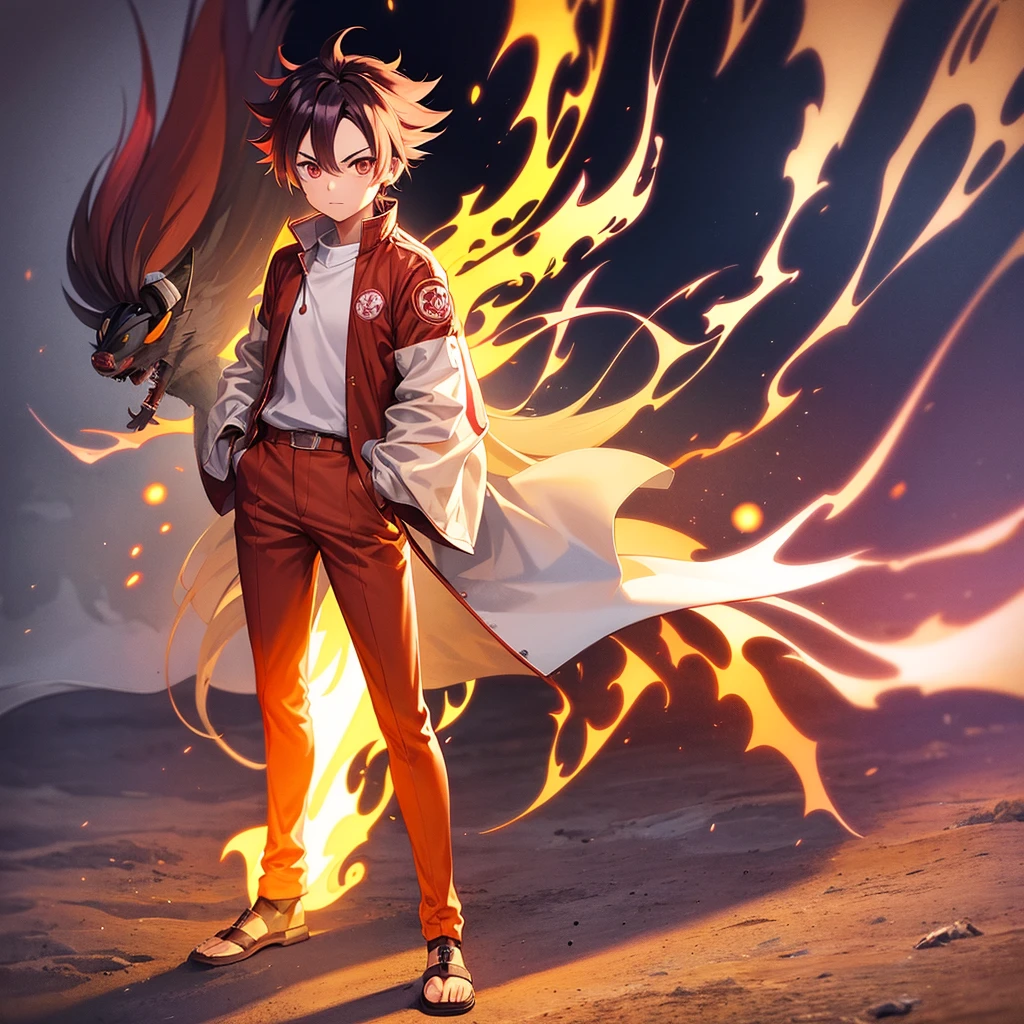 Male, Rengoku clan, wearing pilot goggles and barnstormer jacket with flame design, standing at attention, hands in pockets, fully in frame, full body shot, facing viewer, lone figure, sole person, Demon Slayer style