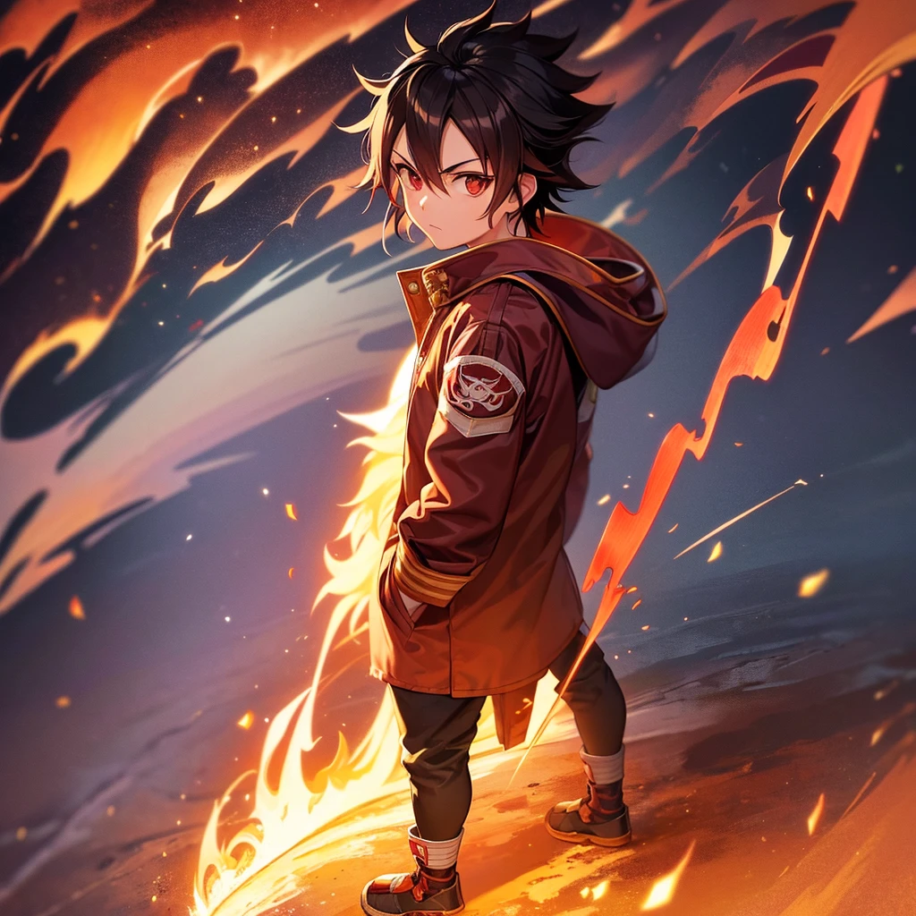 Male, Rengoku clan, wearing pilot goggles and barnstormer jacket with flame design, standing at attention, hands in pockets, fully in frame, full body shot, facing viewer, lone figure, sole person, Demon Slayer style