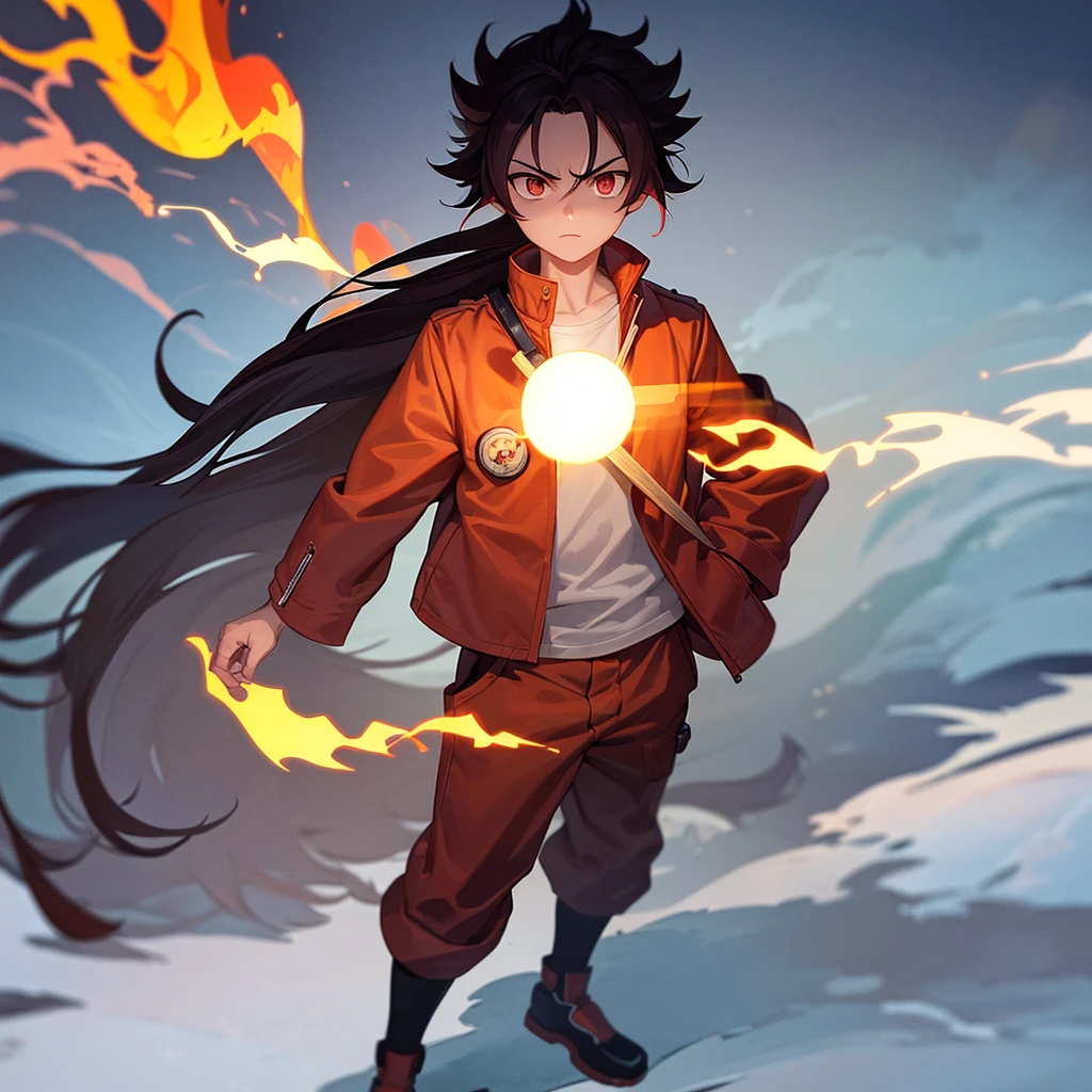 Male, Rengoku clan, wearing pilot goggles and barnstormer jacket with flame design, standing at attention, hands in pockets, fully in frame, full body shot, facing viewer, lone figure, sole person, Demon Slayer style