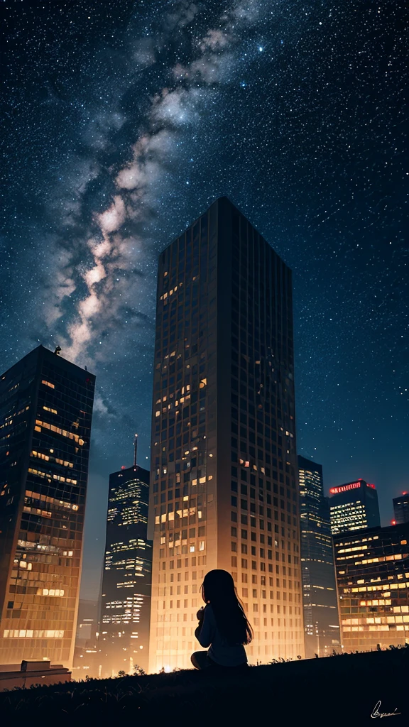 sky, star, landscape, starry sky, night, girl, night sky, solo, outdoor, signature, building, clouds, milky way, sitting, tree, long hair, city, silhouette, cityscape