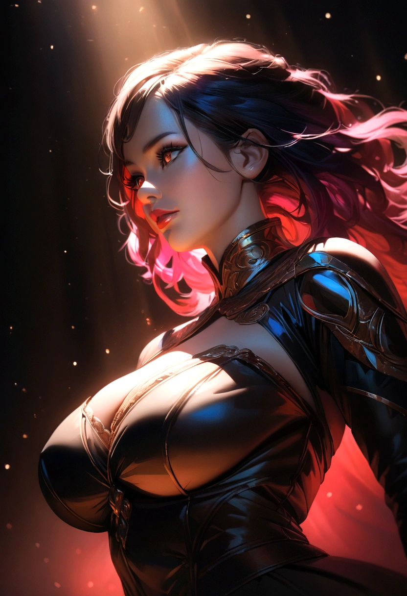 a huge-breasted woman, beautiful detailed eyes, beautiful detailed lips, extremely detailed face, long eyelashes, cinematic lighting, dramatic lighting, dramatic pose, dramatic angle, 8k, high quality, masterpiece, photorealistic, professional photography, intricate details, volumetric lighting, chiaroscuro lighting, cinematic composition, dramatic colors, rich colors, vibrant colors