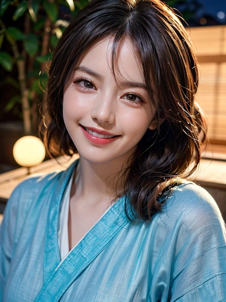 Highest quality, masterpiece, Ultra-high resolution, (Realistic:1.4), RAW Photos, One Girl, Incredibly beautiful kimono, Twelve-layered kimono, Japanese clothing, Deep Shadow, Moderate, Bamboo forest at night, Illuminated by the moonlight, 20-year-old, (A kind smile:1.3), Cute face, (head shot:1.2), Golden Ratio:1.3