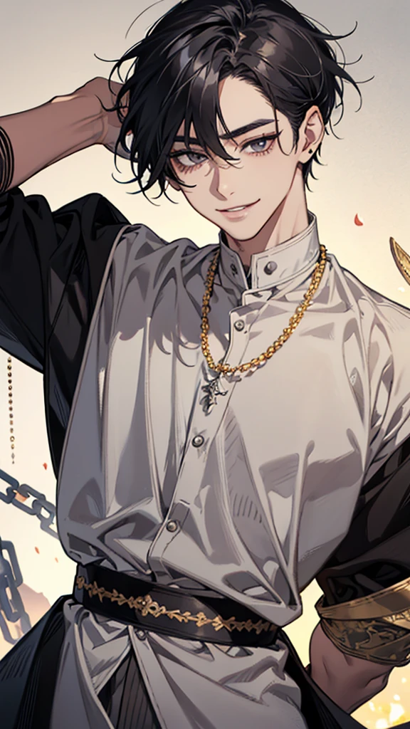 Asian face, young man, black wavy hair, thin eyebrows, slanted eyes, single eyelid, grey eyes, cat eyes, short eyelashes, masculine face, silver and gold shirt, lip piercing, silver chain necklace, upper body, smiling