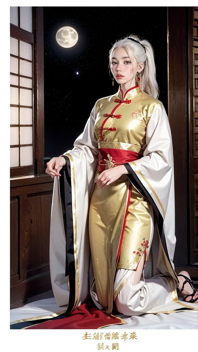 A very beautiful female empress, white  hair, yellow  eyes, red nails, youthful face, notable physical features, slim, muscular but well-proportioned body. Wearing traditional Chinese imperial clothing decorated in gold with black details, with red Hanafuda earrings, a black string sandal. Kneeling on a white bed in an ancient Chinese room, with a full moon and stars in the window in the background with flashes of light reflecting on the body.