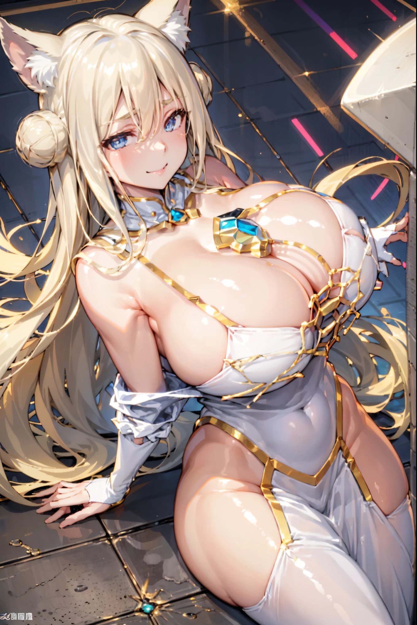 young people, Short Blonde, Fox ears, Blue eyes, Pop Idol, Smile, masterpiece, high quality,huge , Crazy breast swelling, Chest larger than shoulder blades, Big breasts and thin waist,(huge breasts:1.2),Hydrated skin((rogue))((非常huge乳房)),((Grooves reveal original skin))