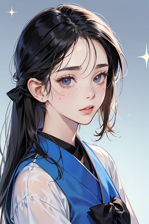 Kagami is a slender, Japanese teenage girl of average height. She has creamy-pale skin, a lighter dusting of light-brown freckles on her cheeks and the bridge of nose, sharp, slanted moderate vermilion eyes and thick straight black hair with blue reflections (like Marinette Dupain-Cheng's, but bit lighter) with bangs swept to the left in a face-framing bob that levels with her chin, with dark blue tints. SPARKLE; GLITTER