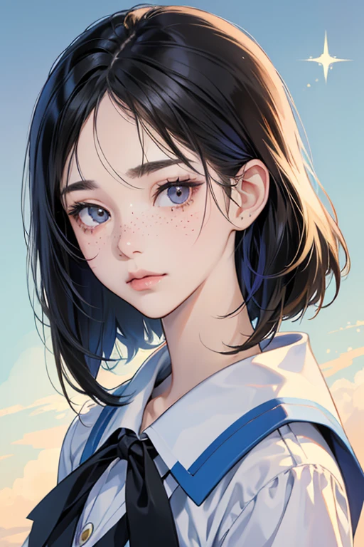 Kagami is a slender, Japanese teenage girl of average height. She has creamy-pale skin, a lighter dusting of light-brown freckles on her cheeks and the bridge of nose, sharp, slanted moderate vermilion eyes and thick straight black hair with blue reflections (like Marinette Dupain-Cheng's, but bit lighter) with bangs swept to the left in a face-framing bob that levels with her chin, with dark blue tints. SPARKLE; GLITTER