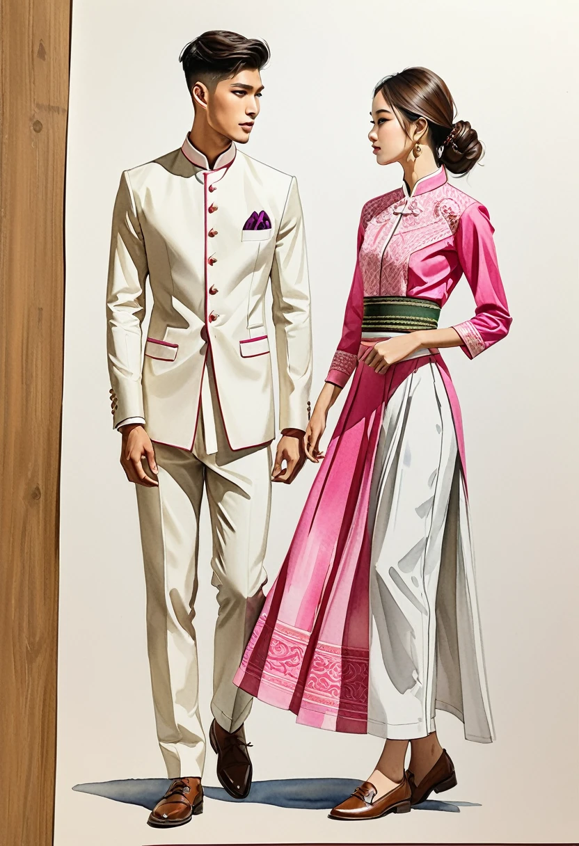 candid fashion illustration of two young man and women, 20-27 year old, adorned in a meticulously crafted North Thai traditional outfits, Lampang, ((showcase fashion Lanna style in cotton handwoven in pink)), simple elegant style, The man wears a simple long-sleeved white mandarin collar suit, paired with Tailor pants, and oxford shoes, The woman complements him with ankle-length tubular skirt, simple minimal patterns details, fitted intricately decorated waist-length blouse that complements the skirt, standing, Captured in full-body image, ((imperfect water color background)), sketching, realistic drawing, imperfect water color drawing, fashion look book, fashion illustrator, sketch design,