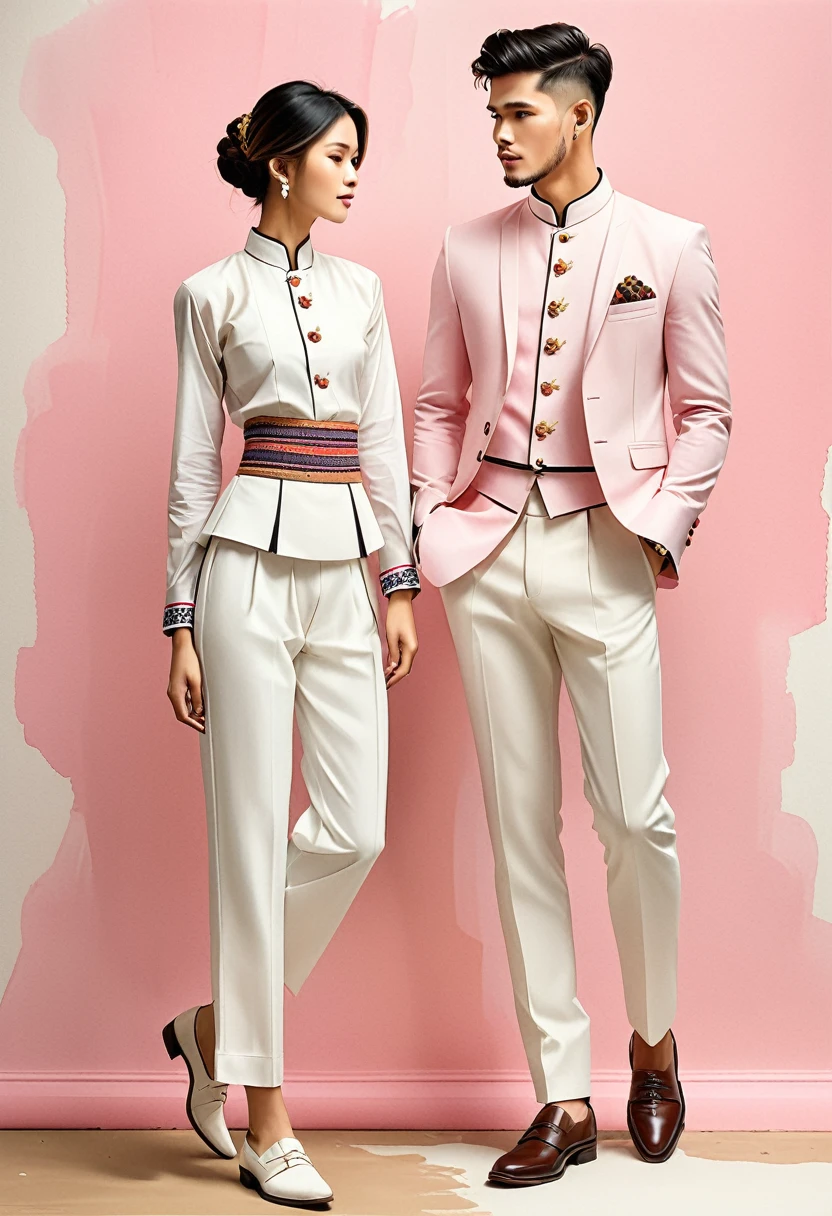 candid fashion illustration of two young man and women, 20-27 year old, adorned in a meticulously crafted North Thai traditional outfits, Lampang, ((showcase fashion Lanna style in cotton handwoven in pink)), simple elegant style, The man wears a simple long-sleeved white mandarin collar suit, paired with Tailor pants, and oxford shoes, The woman complements him with ankle-length wrap skirt, simple minimal patterns details, fitted intricately decorated waist-length blouse that complements the skirt, standing, Captured in full-body image, ((imperfect water color background)), sketching, realistic drawing, imperfect water color painting, fashion look book, fashion illustrator, sketch design,