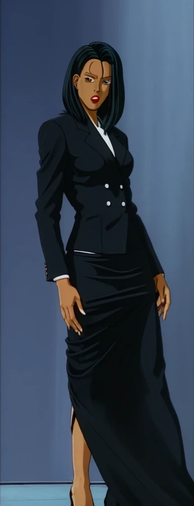 90s style Anime Evil black skinned business woman in a skirt suit