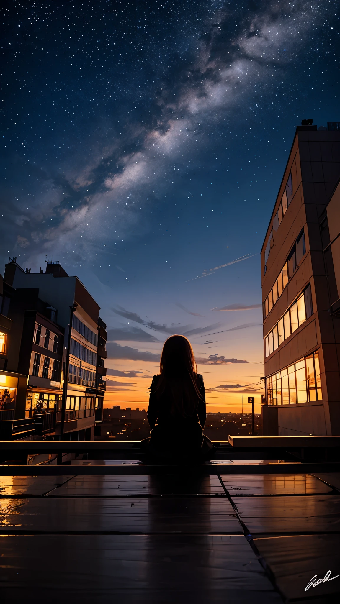 sky, star, landscape, starry sky, night, girl, night sky, solo, outdoor, signature, building, clouds, milky way, sitting, tree, long hair, city, silhouette, cityscape