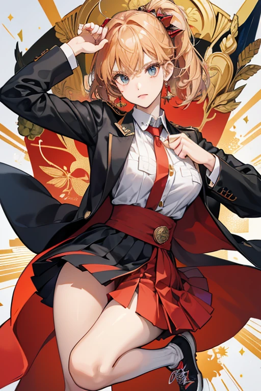 Kagami wears a white long-sleeved blazer that has black outlines around the collar, running all the way to the bottom to the hem, cuffs and two black accents on the top of the fastened outer pockets. The blazer has two gold pockets around the waist and each side of the cuffs. On the top right of her chest is an attached logo that is shaped as a reuleaux triangle. The logo includes her family's crest, with the gold sign of Japanese kanji for female (女) fastened on top of green, white and red fabric with a gold outline surrounding the logo. Underneath, she wears a black collared gold buttoned button-up blouse with a red, white, and blue pleated neck tie.
Kagami wears a red skirt with an asymmetrical texture that has blue and white intersecting vertical and horizontal lines. She wears tight black leggings and a pair of red sneakers with white toecaps, laces, a black logo on the heel counter and black soles. On the ring finger of her right hand, she wears a black ring that has her family's crest, (女) and it has two long outward spikes stretching from the mark resembling a saber. SPARKLE; GLITTER