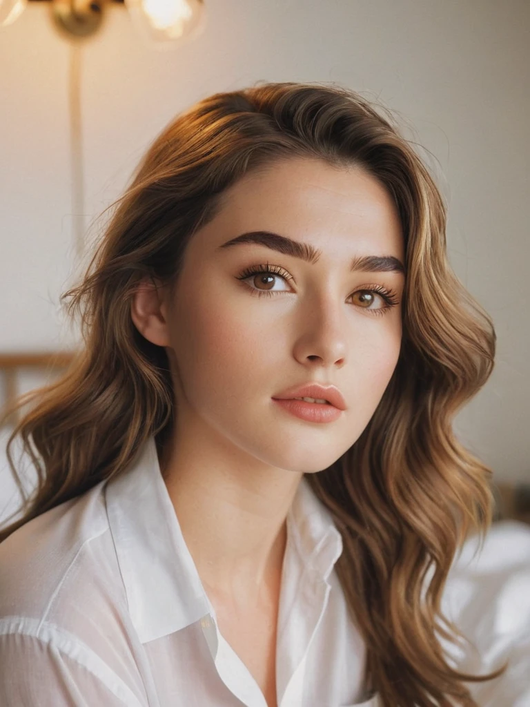 Best quality,high resolution,8k masterpiece, atmosphere, golden hour light:1.3, bright light hard light:1.2, fuji color:1.5, film grain, full body frontal camera shot:1.5,

Atractive woman, 22 year old, delicate occidental features, aureal proportion:1.5, slight wavy brown hair with little few blonde lights:1.4, thick sexy eyebrows:1.4, long eyelashes:1.3,deep eye look:1.3, (real skin texture:1.3), medium thick lips :1.3, brown golden eyes :1.5,  bed room:1.5, indoor, white shirt:1.4, high contrast .