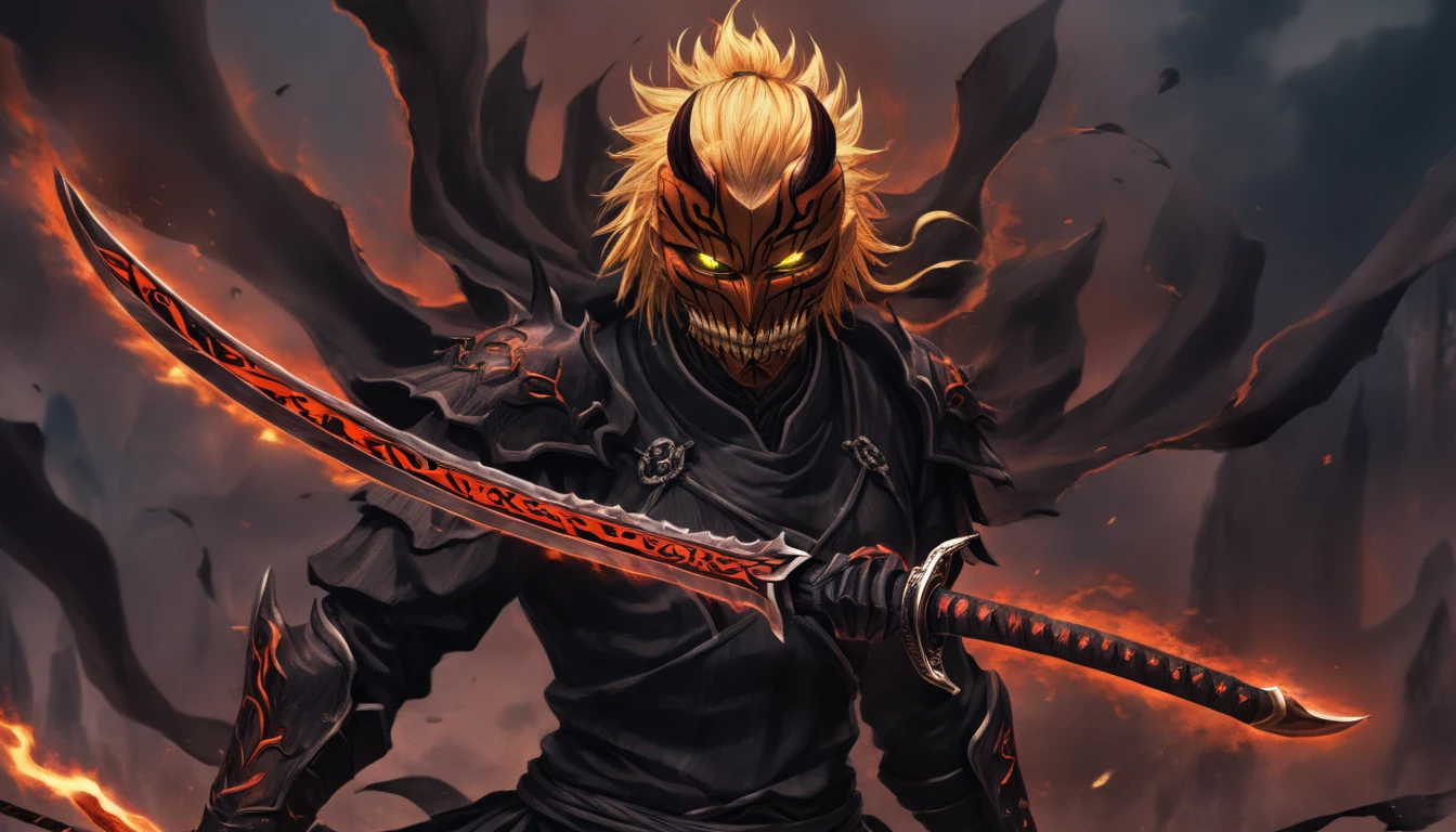 ninja mask, cape,close up, black heavy detailed clothes, katana, art, dark and malevolent, hand sword, armor, powerful and intimidating, (masterpiece, best quality, ultra-detailed, best shadow), (detailed background, dark fantasy) dramatic light, intricate details, dark and malevolent, powerful and intimidating, Dark and foreboding, malevolent force, sinister and chilling, armor, high detailed background, girl in demon slayer art, demon slayer art style, epic anime art, God death