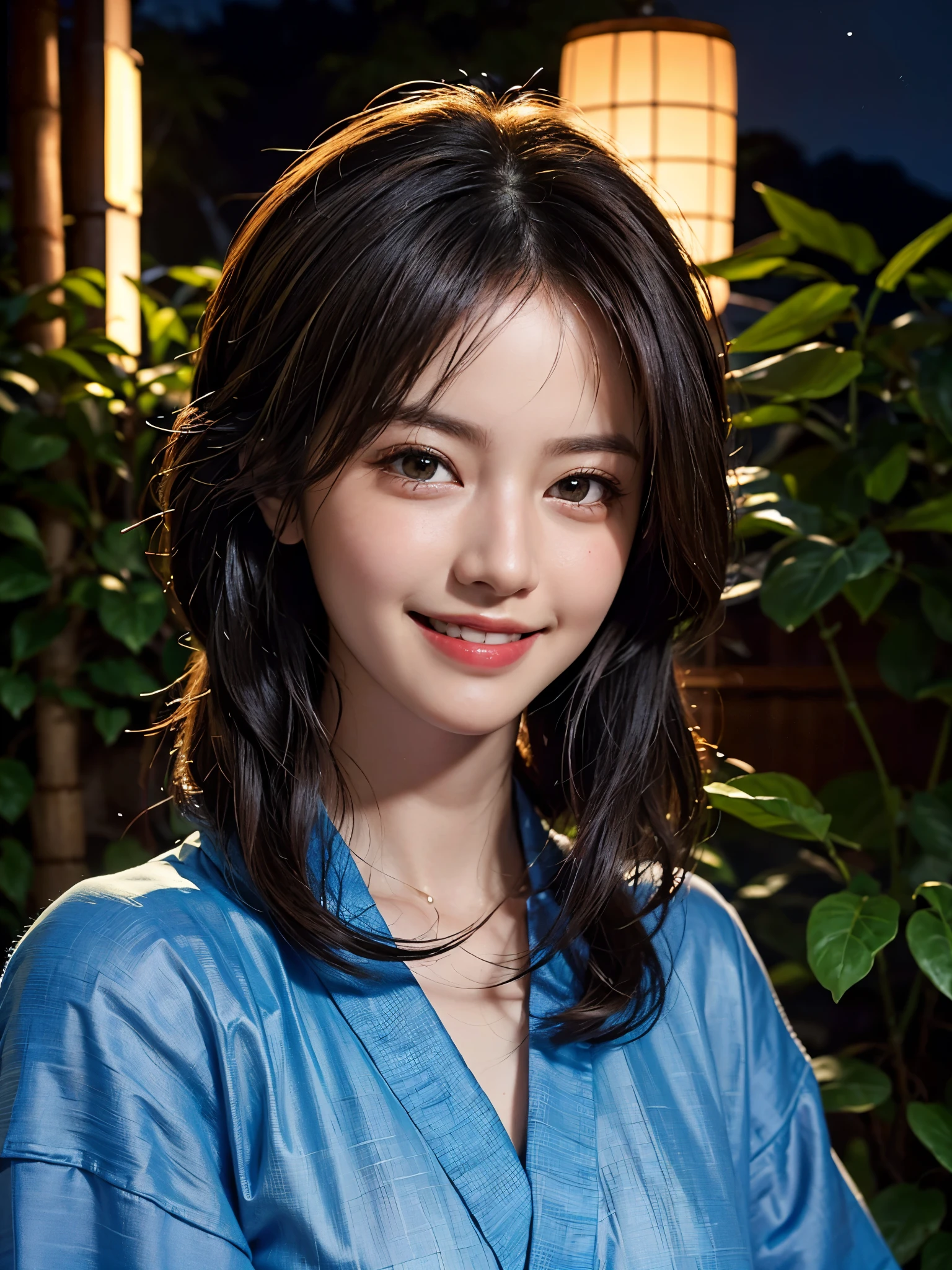 Highest quality, masterpiece, Ultra-high resolution, (Realistic:1.4), RAW Photos, One Girl, Incredibly beautiful kimono, Twelve-layered kimono, Japanese clothing, Deep Shadow, Moderate, Bamboo forest at night, Illuminated by the moonlight, 20-year-old, (A kind smile:1.3), Cute face, (head shot:1.2), Golden Ratio:1.3