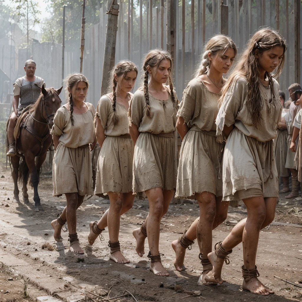 Roman Slave Girls, Slavic Tribe, Big Saggytits Working On A Farm, 20y. Old, Iron Collar, Brands On The Body, Exhausted By Hard Work, A Worn-Out Mare By Hard Labor, Tanned To Black From Dirt And Sun, Barefoot, Ragged, Beautiful But Exhausted Face, Dirty Hair, Somehow Braided, In An Old Torn Sacking That Replaces Her Short Tunic, Leaky And Dilapidated, High Texture Burlap, Body, Rural Italy, Cgsociety Of The Whole Body, Highly Detailed , Tumblr Aesthetic, Retro, Hd Photography, Hyperrealism, Tiny Details, Hyperdetailed, Photorealistic, Flickering Light, Glowing Neon, Black And White Photo, Natur