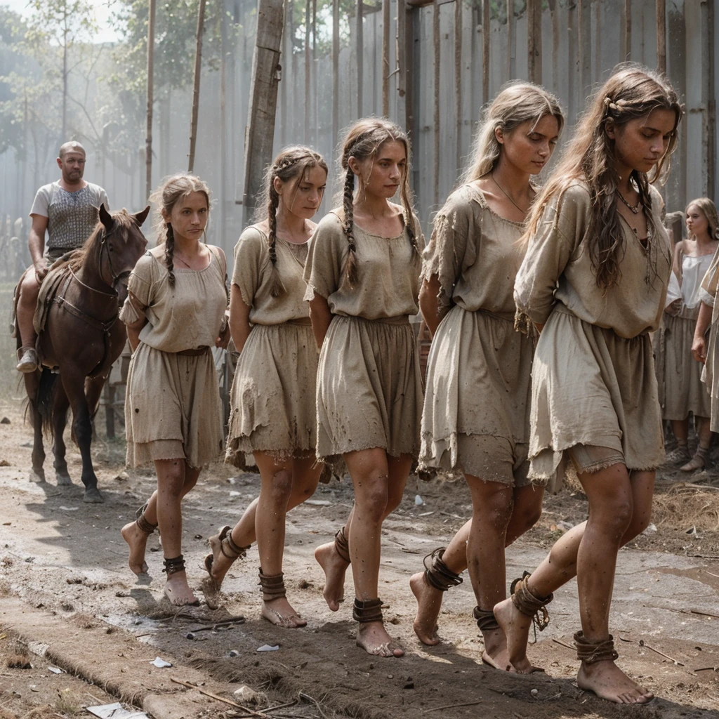 Roman Slave Girls, Slavic Tribe, Big Saggytits Working On A Farm, 20y. Old, Iron Collar, Brands On The Body, Exhausted By Hard Work, A Worn-Out Mare By Hard Labor, Tanned To Black From Dirt And Sun, Barefoot, Ragged, Beautiful But Exhausted Face, Dirty Hair, Somehow Braided, In An Old Torn Sacking That Replaces Her Short Tunic, Leaky And Dilapidated, High Texture Burlap, Body, Rural Italy, Cgsociety Of The Whole Body, Highly Detailed , Tumblr Aesthetic, Retro, Hd Photography, Hyperrealism, Tiny Details, Hyperdetailed, Photorealistic, Flickering Light, Glowing Neon, Black And White Photo, Natur
